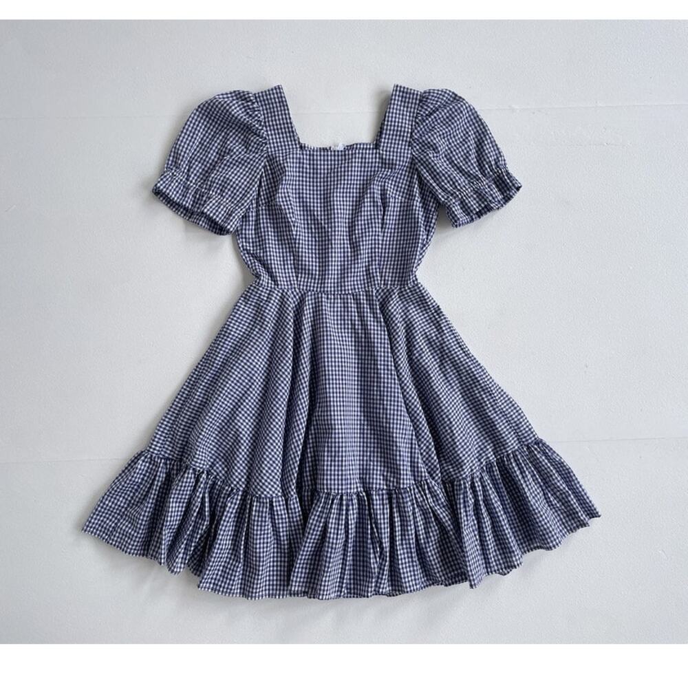 Vtg 80s Navy Gingham Puff Sleeve Rockabilly Square Dancing Dress S / Cottagecore